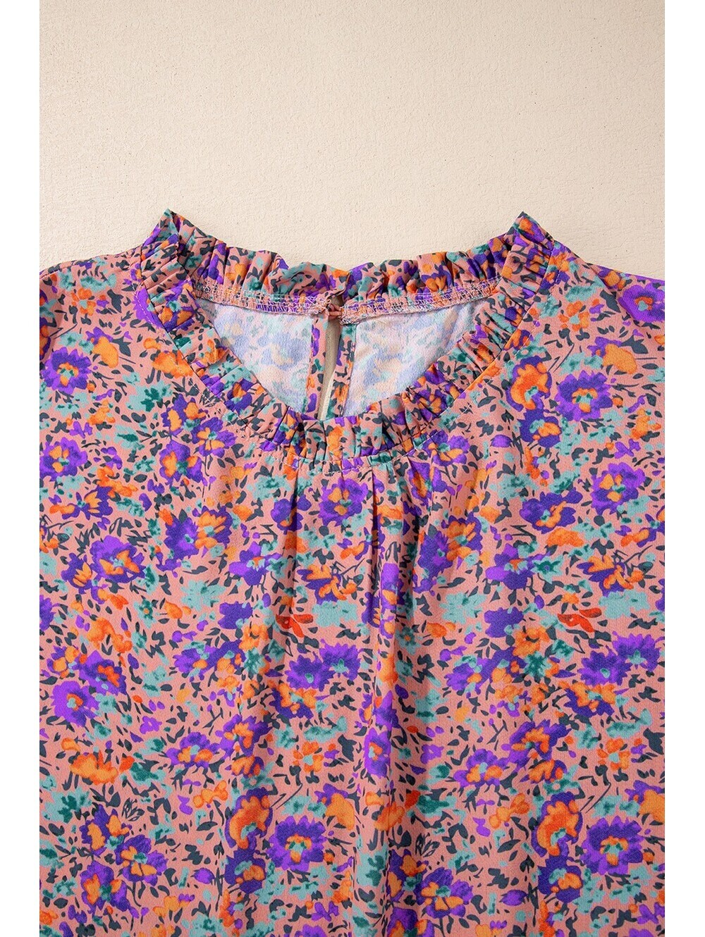 Women's Long Sleeve Floral Print Blouse with Ruffled Neck and Smocked Cuffs - Picture 6 of 7